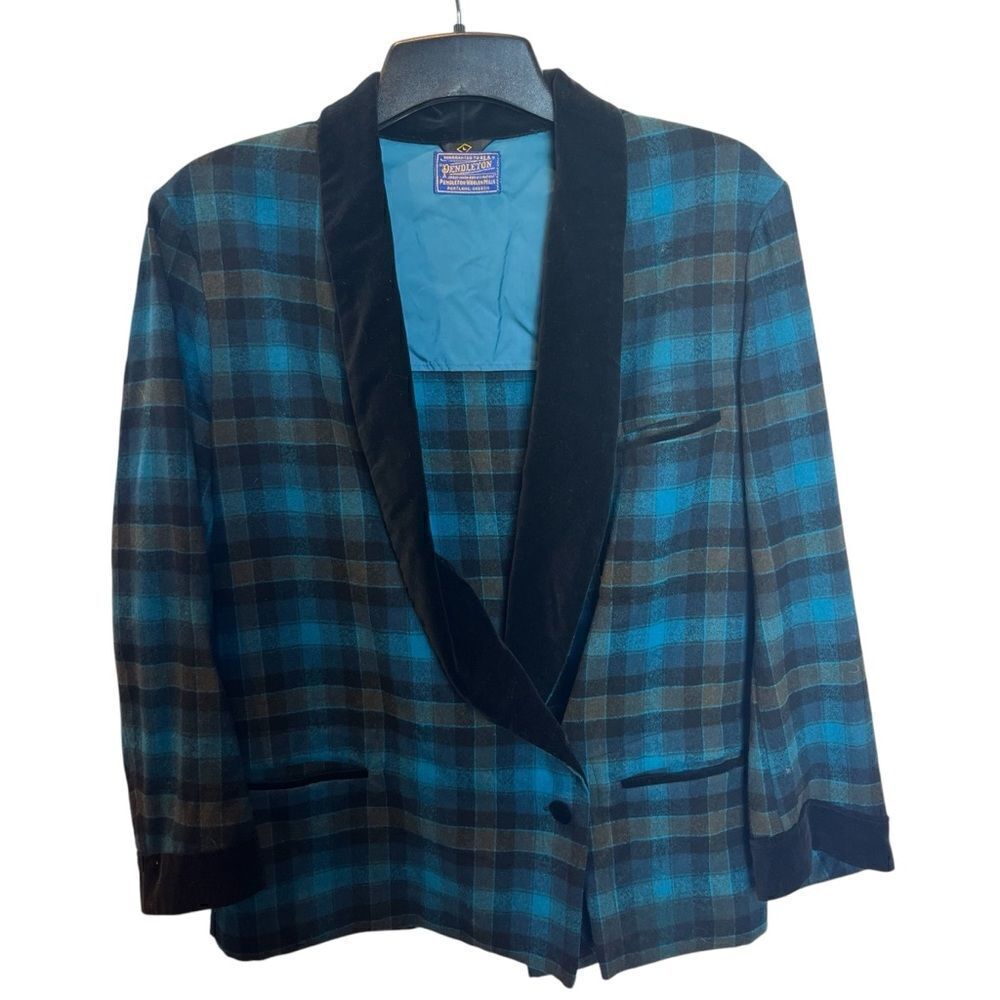 Vintage Women's Pendleton Wool Blazer Blk/Blue/Brn Plaid Size Large